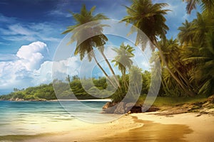 Tropical beach banner and summer landscape background. Vacation and holiday with palm trees tropical island beach Generative AI