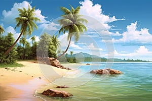 Tropical beach banner and summer landscape background. Vacation and holiday with palm trees tropical island beach Generative AI