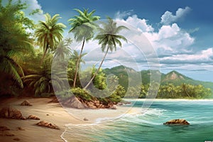 Tropical beach banner and summer landscape background. Vacation and holiday with palm trees tropical island beach Generative AI