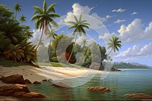 Tropical beach banner and summer landscape background. Vacation and holiday with palm trees tropical island beach Generative AI