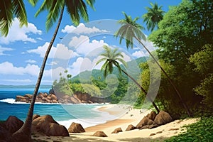 Tropical beach banner and summer landscape background. Vacation and holiday with palm trees tropical island beach Generative AI