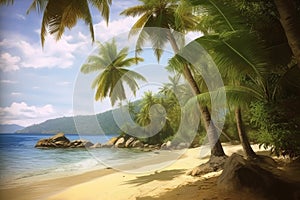 Tropical beach banner and summer landscape background. Vacation and holiday with palm trees tropical island beach Generative AI