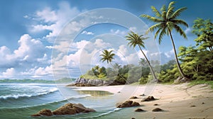 Tropical beach banner and summer landscape background. Vacation and holiday with palm trees tropical island beach Generative AI