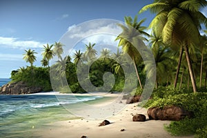 Tropical beach banner and summer landscape background. Vacation and holiday with palm trees tropical island beach Generative AI