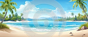 Tropical beach banner and summer landscape background. Vacation and holiday with palm trees tropical island beach Generative AI