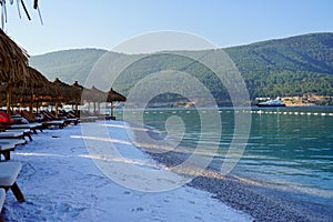 Tropical beach banner, tranquil paradise island. Palm trees, white sand and blue sea, perfect summer vacation landscape