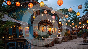 Tropical Beach Bar at Dusk Illuminated by Colorful Lanterns