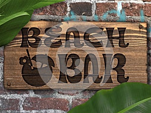 Tropical Beach Bar Sign on Brick Wall with Pina Colada Drink