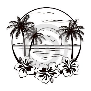 Tropical beach with beautiful sunset view and palm trees in sketch style drawing