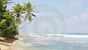 Tropical beach with clear blue sky, palm trees, white sand, turquoise water. Waves crash gently on shore. Empty hammock