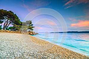 Tropical beach with clear water at sunset, Makarska, Dalmatia, Croatia