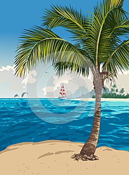 Tropical beach. Coconut palm tree, sea, boat, dolphins, island, mountains.