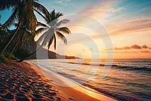 Tropical beach with coconut palm tree at sunset, Seychelles