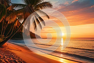Tropical beach with coconut palm tree at sunset, Seychelles