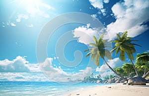 tropical beach with coconut palm trees, sea sand sun, panoramic view with copy space