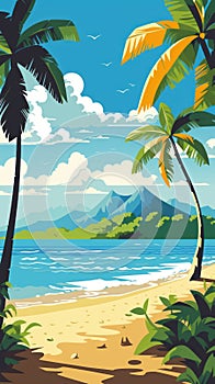 Tropical Beach With Coconut Trees In Hiroshi Nagai Style photo