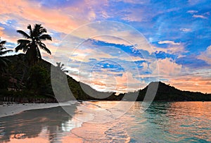 Tropical beach Cote d'Or at sunset, Seychelles