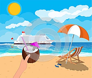 Tropical beach with cruise ship and cocktail