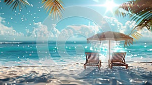 Tropical Beach: Deckchairs, Parasol, Palm Leaves, Sunny Sand, and Ocean Glittering Effects