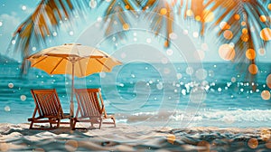 Tropical Beach: Deckchairs, Parasol, Palm Leaves, Sunny Sand, and Ocean Glittering Effects