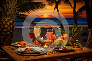 tropical beach dinner table showcases vibrant colors, palm fronds, and exotic fruits. AI Generated