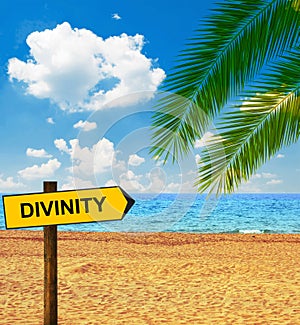 Tropical beach and direction board saying DIVINITY