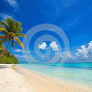 A tropical beach with few palm trees and blue lagoon. AI generated