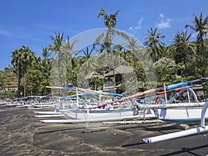 Tropical beach with fishing boats and palm trees in Baki