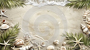 Tropical Beach Frame with Starfish, Shells and Palm Leaves on Sand