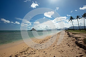 Tropical beach in front of Mokolii island also known as Chinamans Hat as seen from Kualoa Regional Park on the North Shore of Oahu