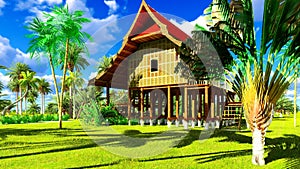 Tropical beach house in the tropics 3d rendering