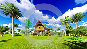 Tropical beach house in the tropics 3d rendering