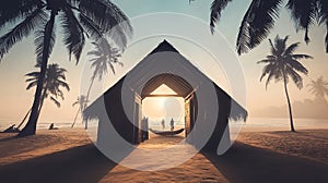 Tropical beach hut sunset couple hammock