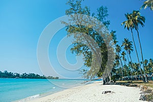 Tropical beach at Koh Kood, Thailand. turquoise sea water, ocean wave, yellow sand, green palms, sun blue sky, white clouds,