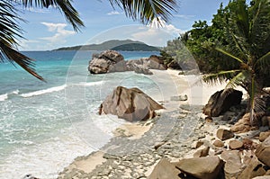 Tropical beach on La Dique, Seychelles Islands