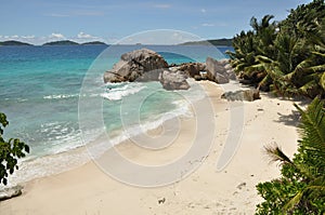 Tropical beach on La Dique, Seychelles Islands