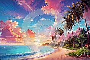 A tropical beach landscape painting, with palm trees under a colorful sky as the sun sets over the ocean.