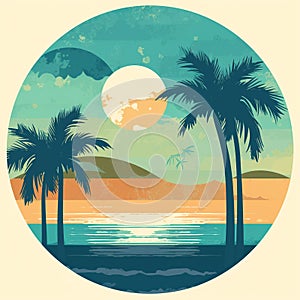 Tropical beach landscape with sea, sunset and palm trees. Abstract landscape. Tropical paradise island logo. Summer vacation