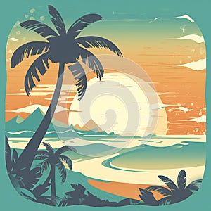 Tropical beach landscape with sea, sunset and palm trees. Abstract landscape. Tropical paradise island logo. Summer vacation