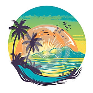 Tropical beach landscape with sea, sunset and palm trees. Abstract landscape. Tropical paradise island logo. Summer vacation