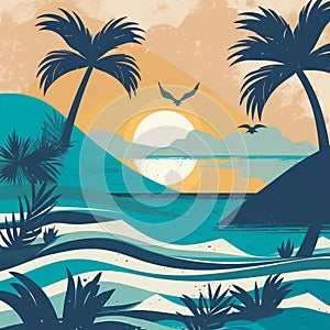 Tropical beach landscape with sea, sunset and palm trees. Abstract landscape. Tropical paradise island logo. Summer vacation