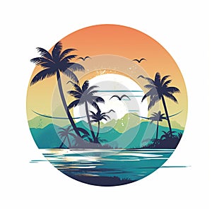 Tropical beach landscape with sea, sunset and palm trees. Abstract landscape. Tropical paradise island logo. Summer vacation