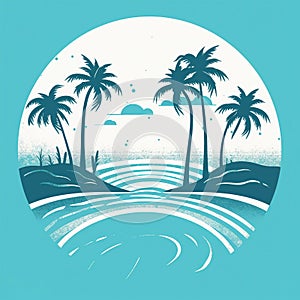 Tropical beach landscape with sea, sunset and palm trees. Abstract landscape. Tropical paradise island logo. Summer vacation