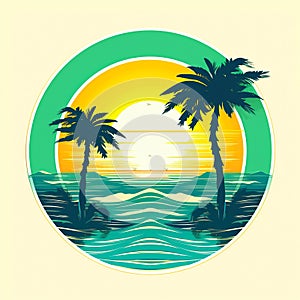 Tropical beach landscape with sea, sunset and palm trees. Abstract landscape. Tropical paradise island logo. Summer vacation