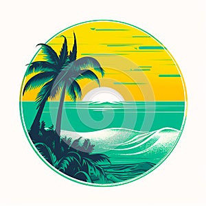 Tropical beach landscape with sea, sunset and palm trees. Abstract landscape. Tropical paradise island logo. Summer vacation