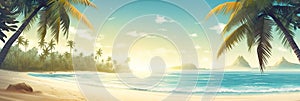 Tropical beach landscape with sea, sunset and palm trees. Abstract landscape. Tropical paradise island. Summer vacation concept.