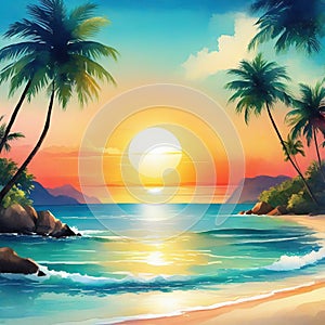 Tropical beach landscape with sunset and palm Abstract Tropical paradise island Summer vacation concept circle Created with