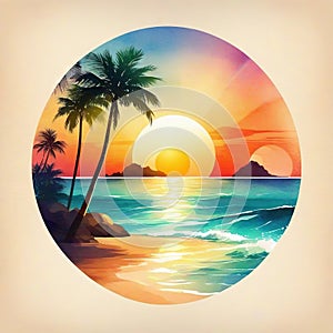 Tropical beach landscape with sunset and palm Abstract Tropical paradise island Summer vacation concept circle Created with