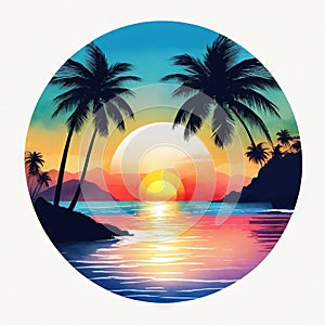 Tropical beach landscape with sunset and palm Abstract Tropical paradise island Summer vacation concept circle Created with