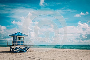 Tropical beach with lifeguard cabin, Florida, USA